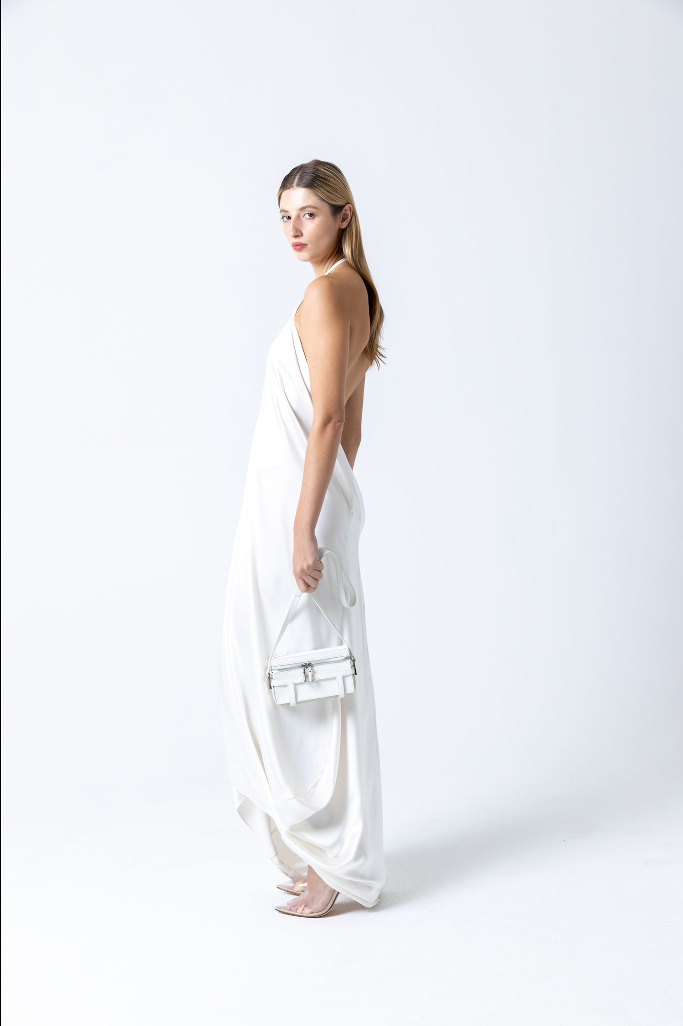 Deep V-Cut Halter Neck Dress in Silk - White