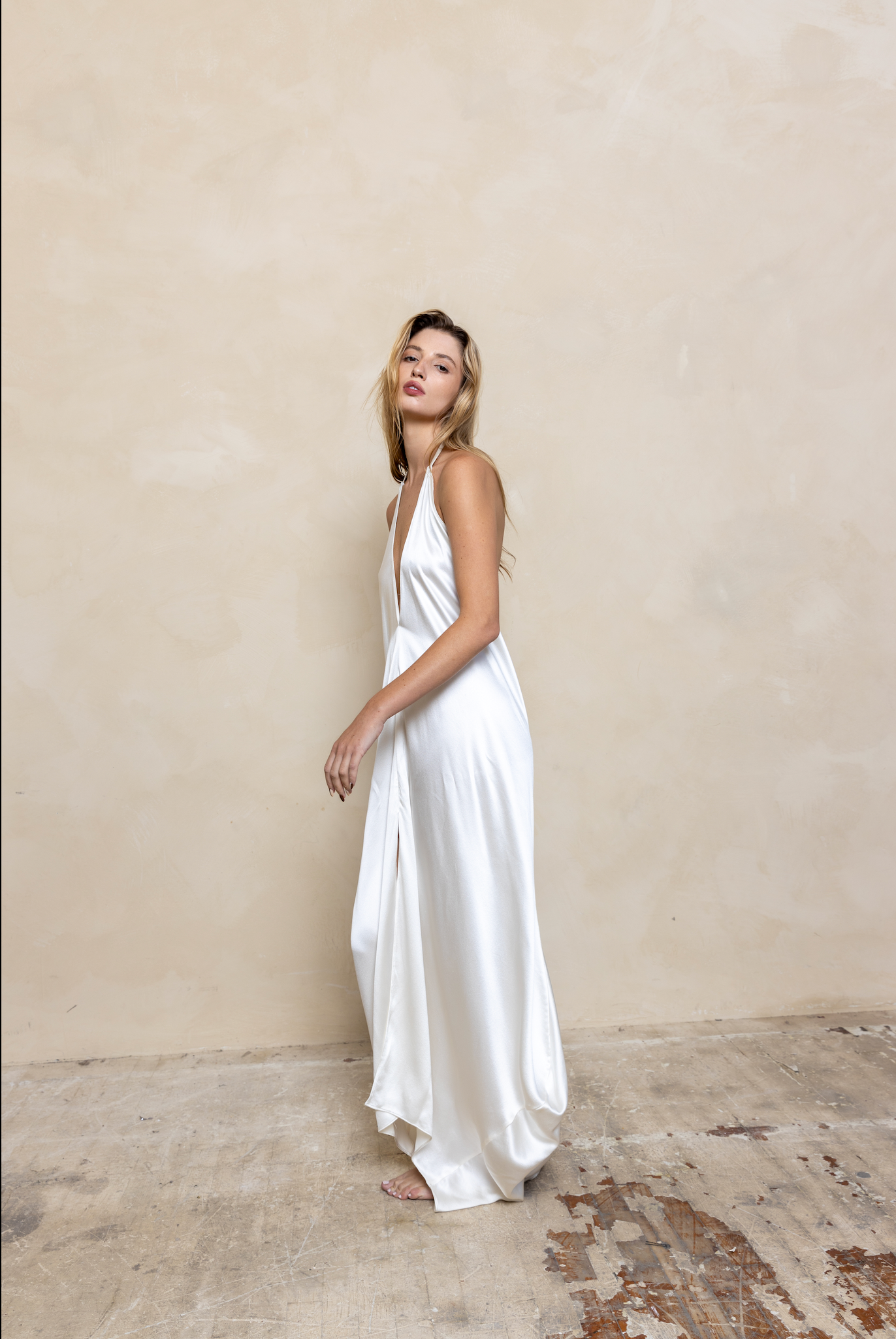 Deep V-Cut Halter Neck Dress in Silk - White